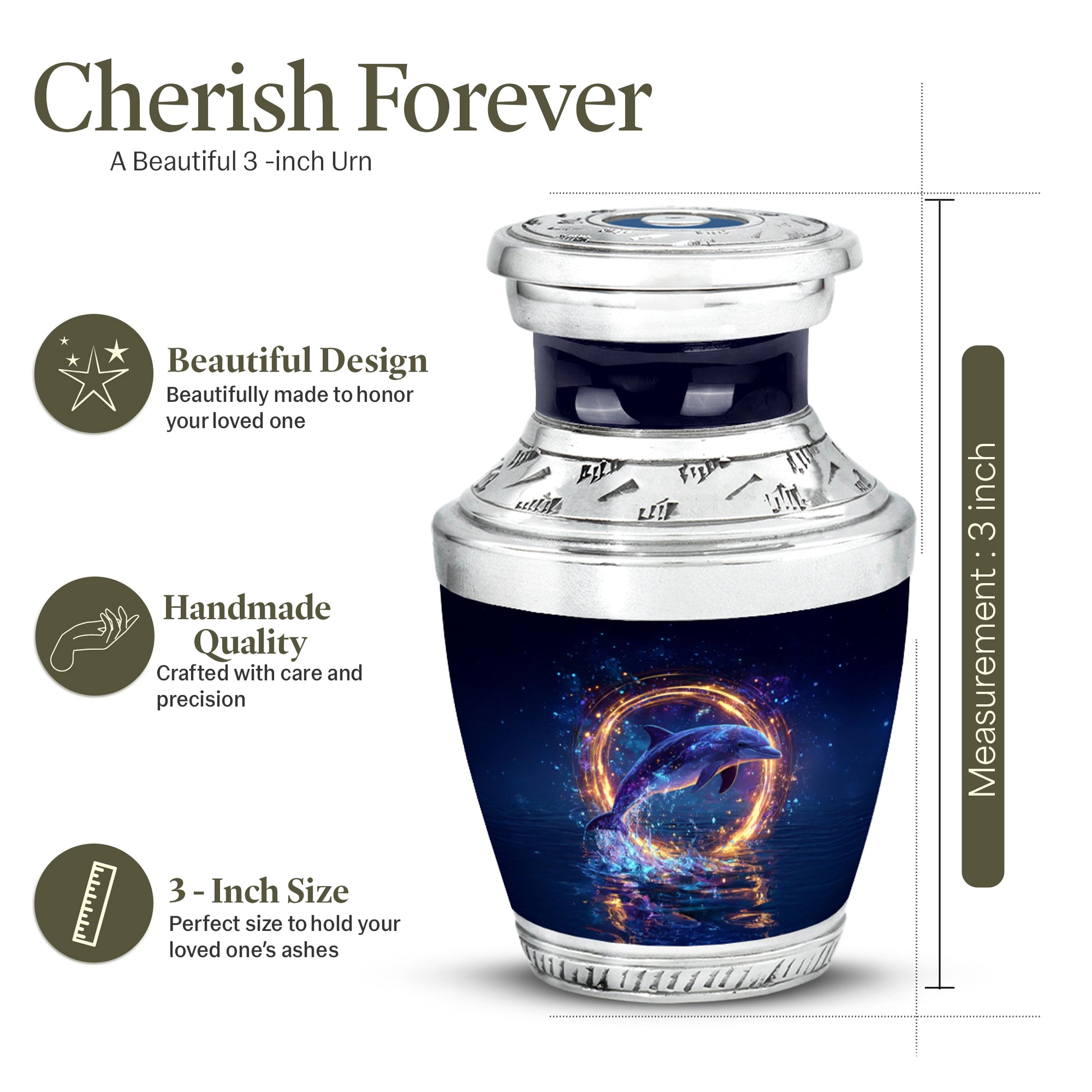 Navy Blue Dolphin Cremation Urn top-down view of secure threaded lid - contemporary dolphin design with modern artistic flair - mini keepsake memorial for portion of cremation ashes