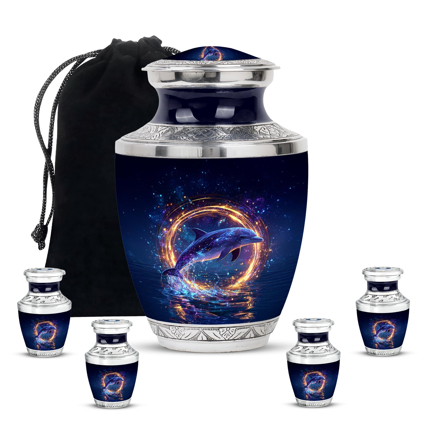 Navy Blue Dolphin Cremation Urn lifestyle display on memorial shelf - contemporary dolphin design with modern artistic flair - memorial set with one large and four small urns