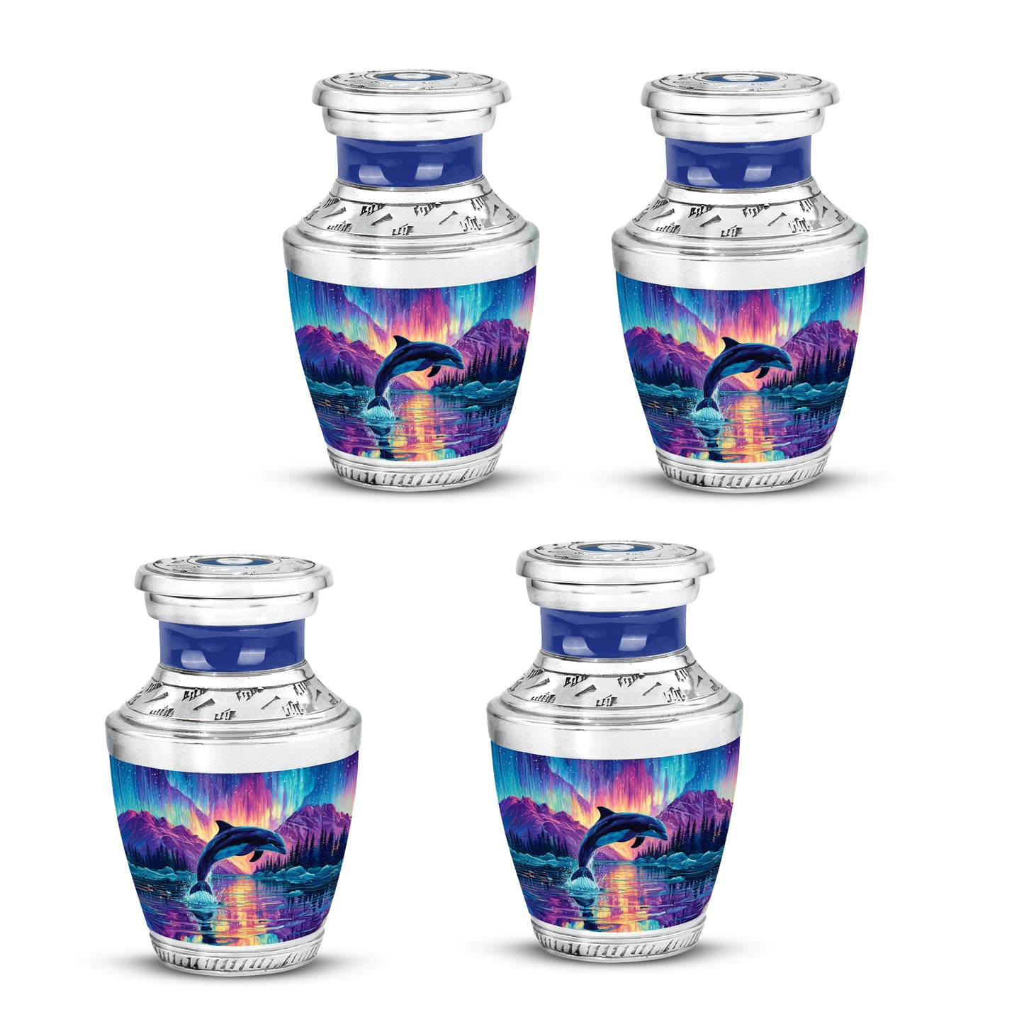 Royal Blue Dolphin Cremation Urn back view with polished surface - stylized abstract dolphin pattern with bold lines - 10 inch aluminum urn for cremated remains