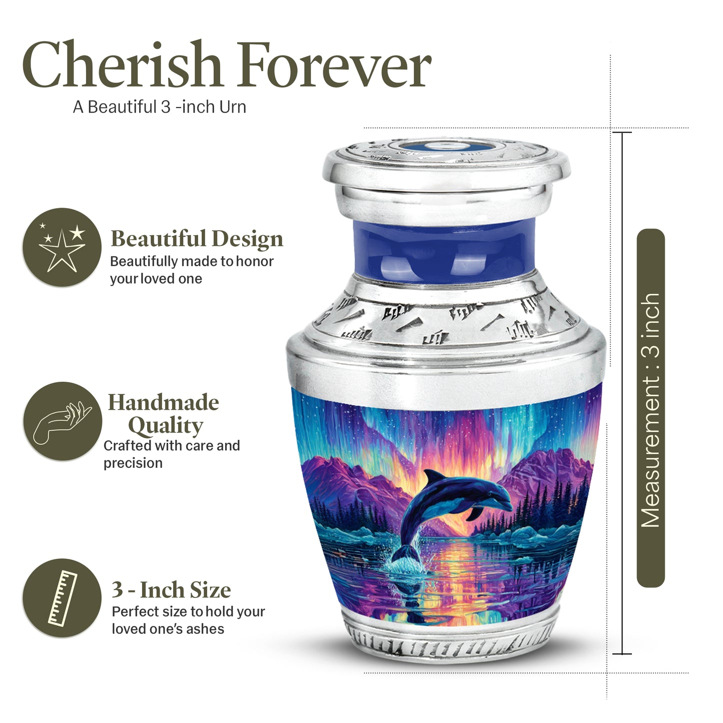 Azure Dolphin Cremation Urn top-down view of secure threaded lid - modern art-inspired dolphin motif on sleek aluminum - mini keepsake memorial for portion of cremation ashes