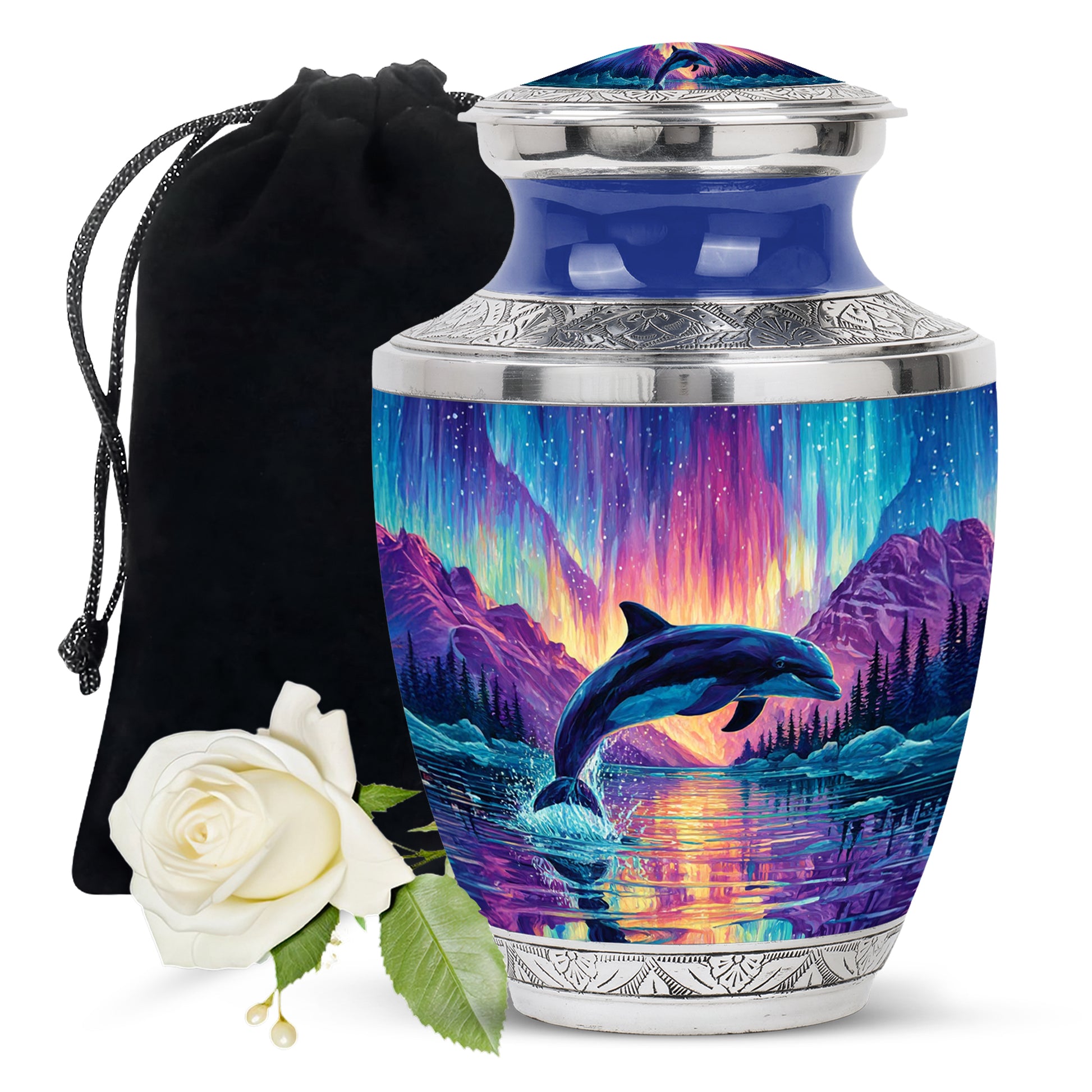 Sapphire Blue Dolphin Cremation Urn side profile showing urn shape - stylized abstract dolphin pattern with bold lines - full-size 10 inch 200 cubic inch adult cremation urn