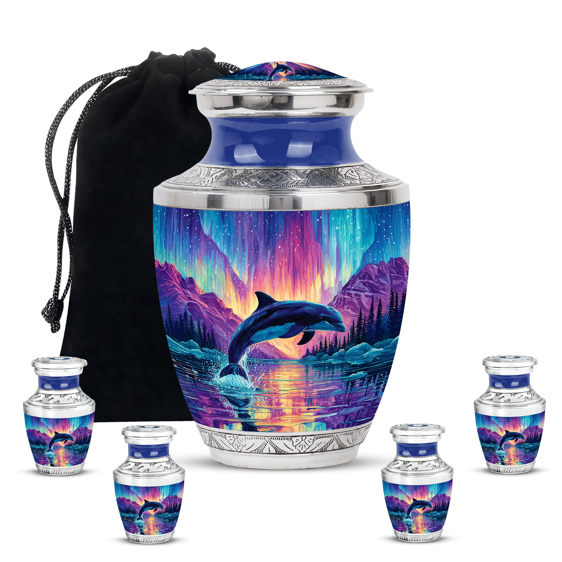 Azure Dolphin Cremation Urn lifestyle display on memorial shelf - contemporary dolphin design with modern artistic flair - memorial set with one large and four small urns