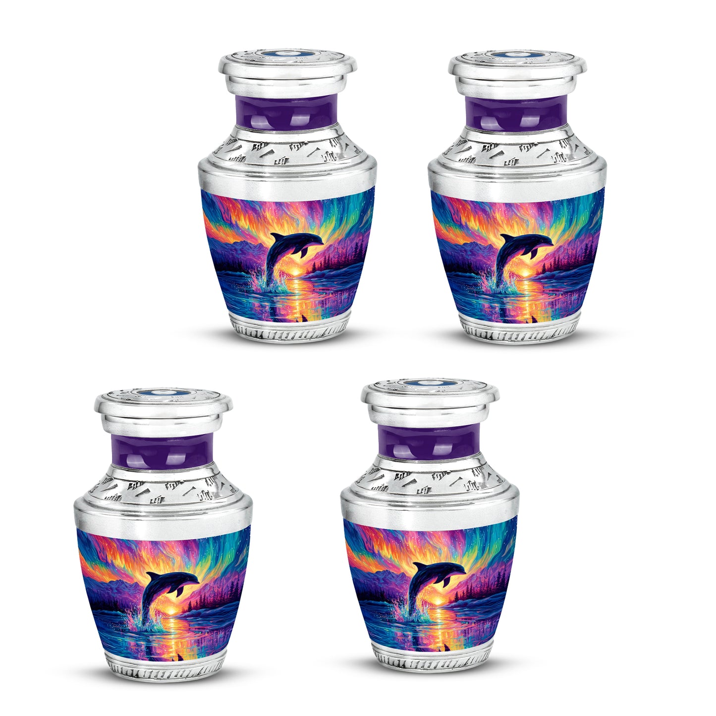 Violet Purple Dolphin Cremation Urn back view with polished surface - artistic dolphin interpretation with creative detail - 10 inch aluminum urn for cremated remains