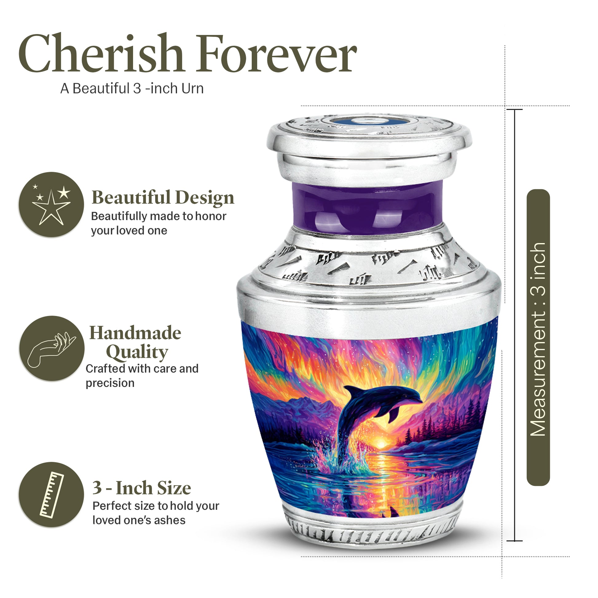 Grape Purple Dolphin Cremation Urn top-down view of secure threaded lid - artistic dolphin interpretation with creative detail - mini keepsake memorial for portion of cremation ashes