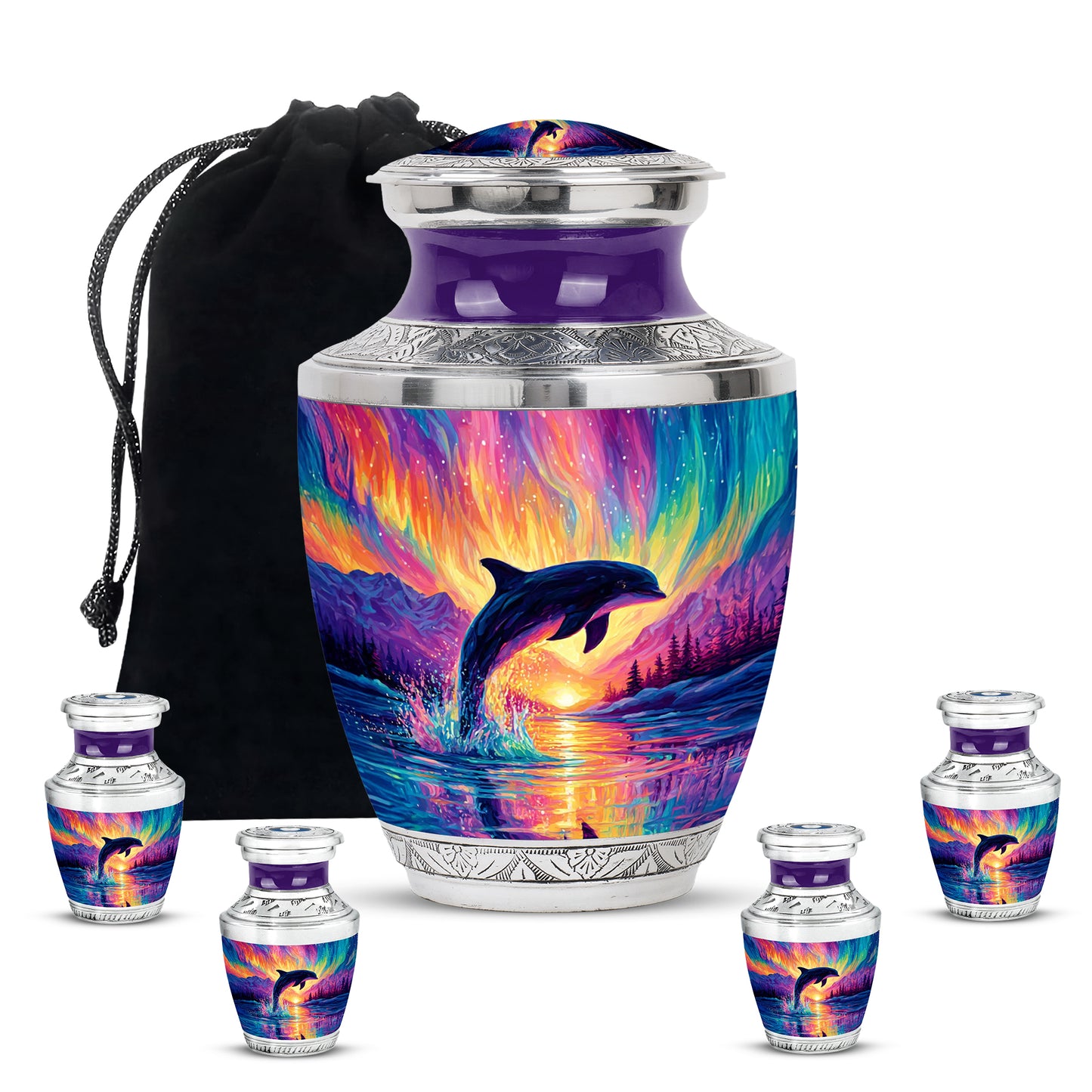 Deep Purple Dolphin Cremation Urn lifestyle display on memorial shelf - contemporary dolphin design with modern artistic flair - memorial set with one large and four small urns