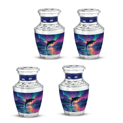 Slate Blue Dolphin Cremation Urn back view with polished surface - modern art-inspired dolphin motif on sleek aluminum - 10 inch aluminum urn for cremated remains