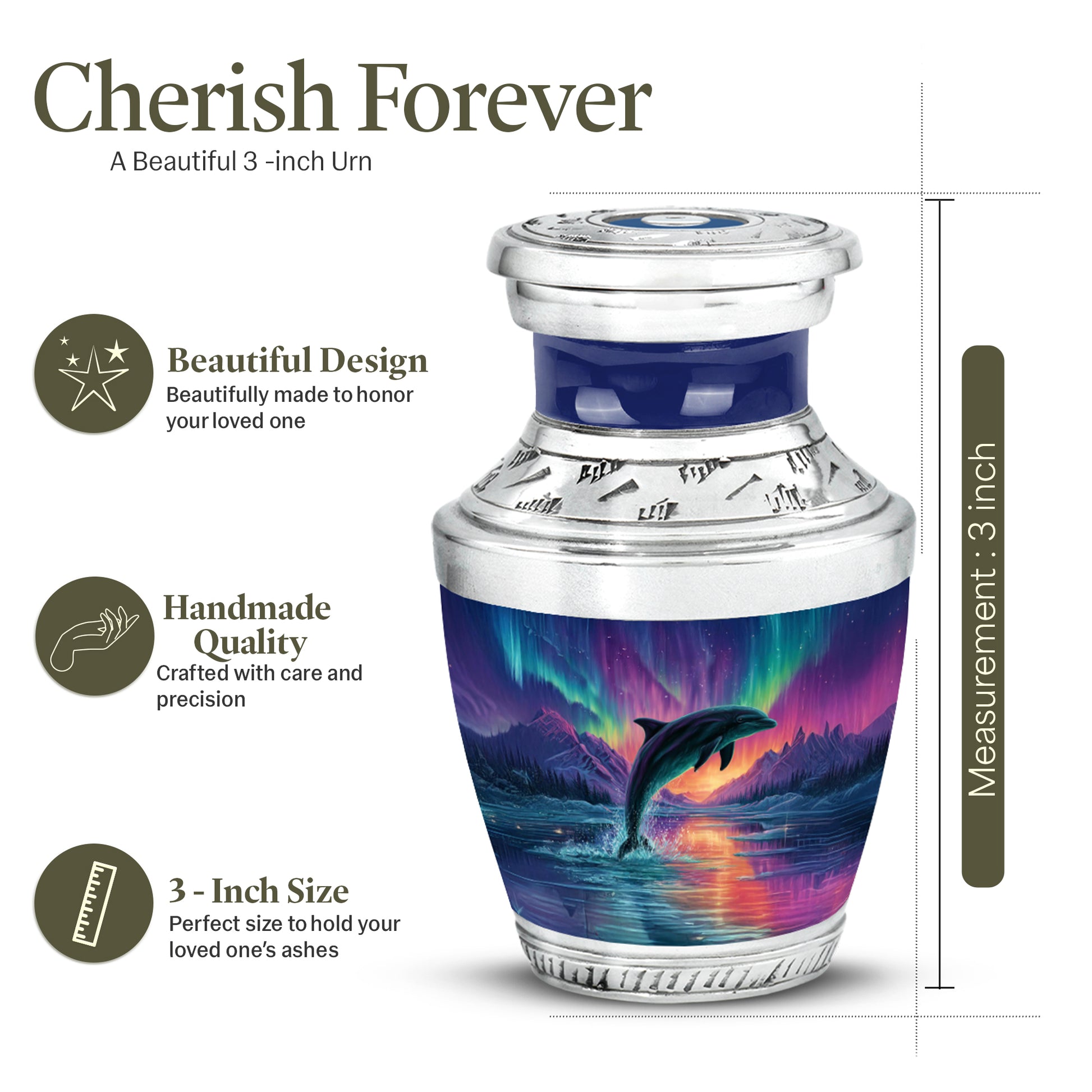 Azure Dolphin Cremation Urn top-down view of secure threaded lid - modern art-inspired dolphin motif on sleek aluminum - mini keepsake memorial for portion of cremation ashes