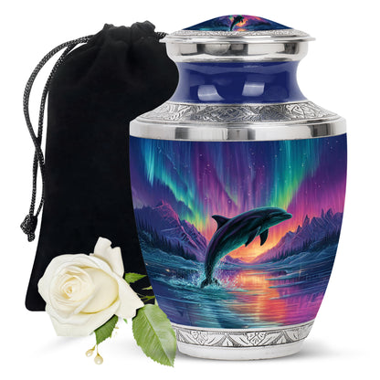 Misty Blue Dolphin Cremation Urn side profile showing urn shape - contemporary dolphin design with modern artistic flair - full-size 10 inch 200 cubic inch adult cremation urn