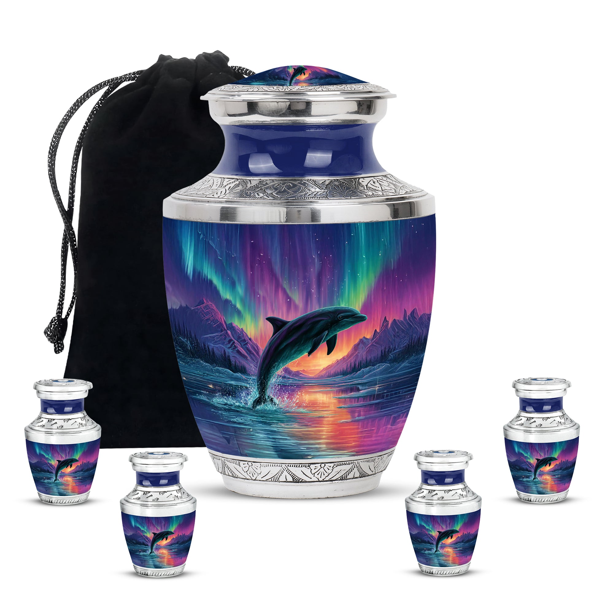 Misty Blue Dolphin Cremation Urn lifestyle display on memorial shelf - contemporary dolphin design with modern artistic flair - memorial set with one large and four small urns