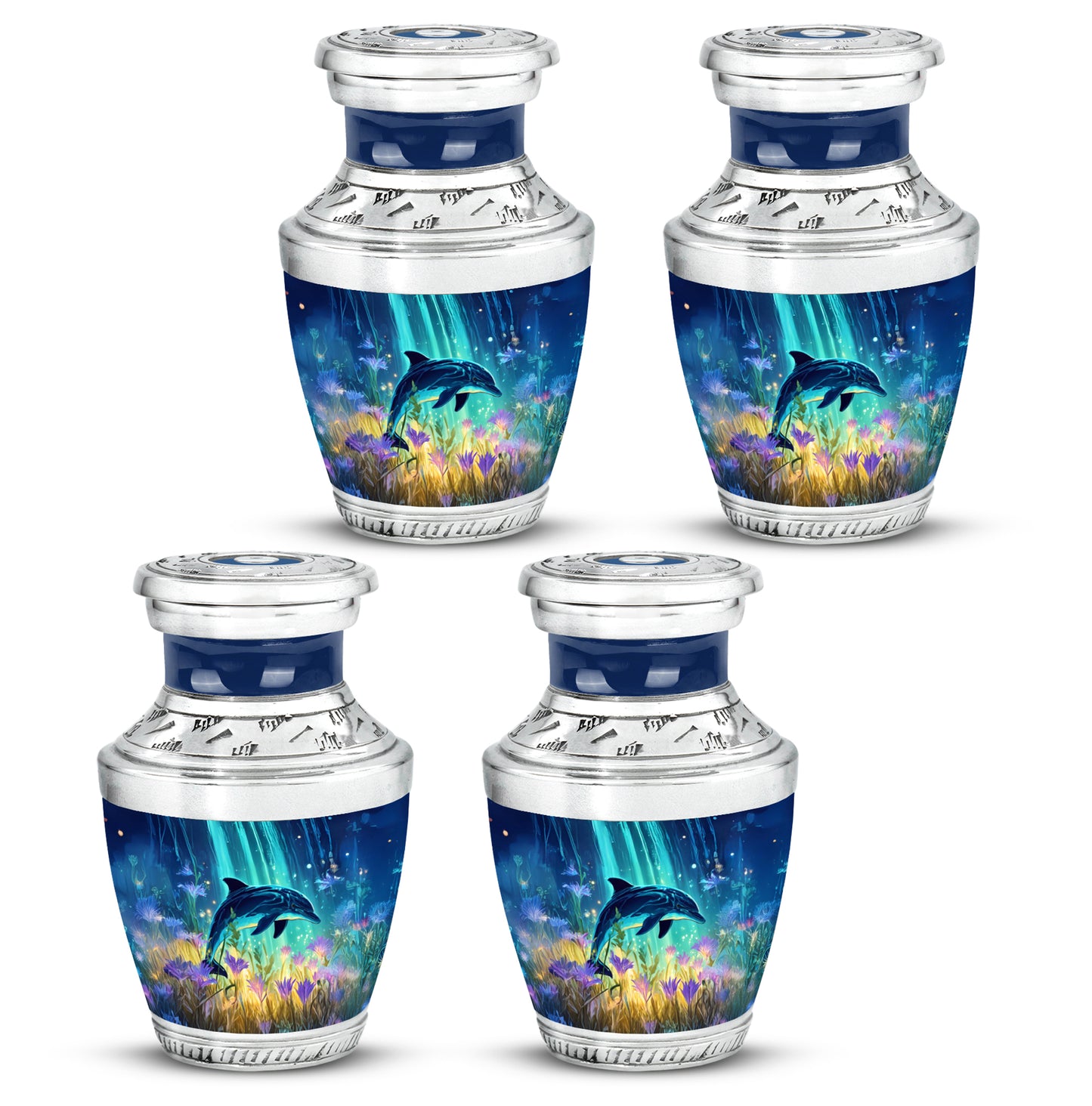 Sky Blue Dolphin Cremation Urn back view with polished surface - modern art-inspired dolphin motif on sleek aluminum - 10 inch aluminum urn for cremated remains