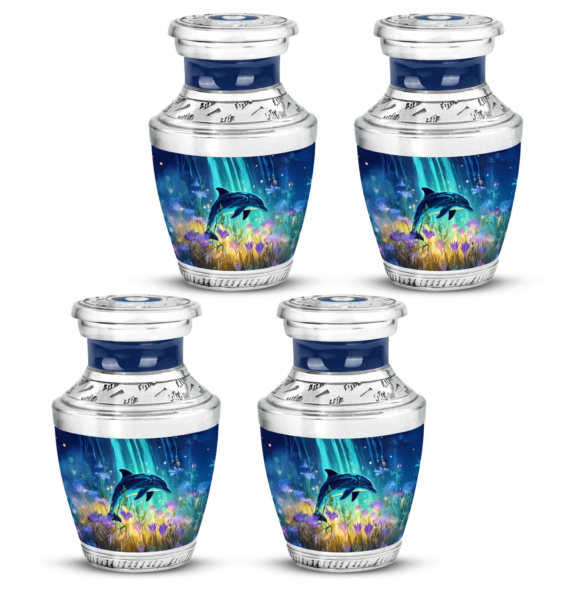 Sky Blue Dolphin Cremation Urn back view with polished surface - modern art-inspired dolphin motif on sleek aluminum - 10 inch aluminum urn for cremated remains