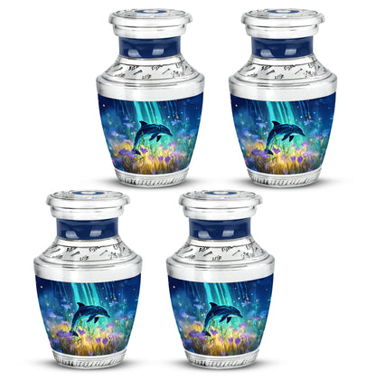 Sky Blue Dolphin Cremation Urn back view with polished surface - modern art-inspired dolphin motif on sleek aluminum - 10 inch aluminum urn for cremated remains