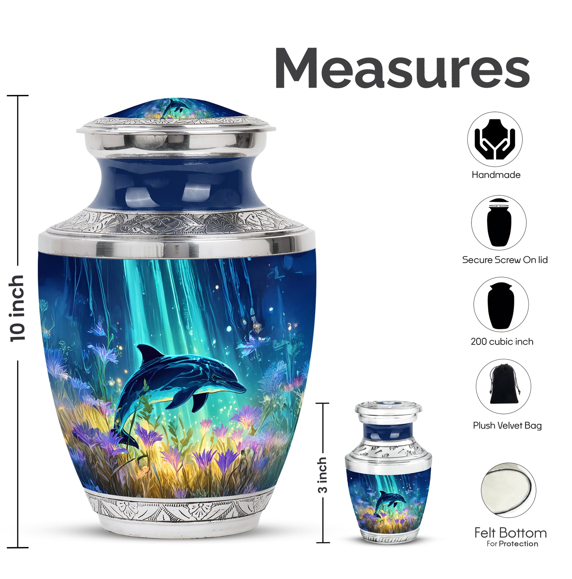 Powder Blue Dolphin Cremation Urn top-down view of secure threaded lid - modern art-inspired dolphin motif on sleek aluminum - mini keepsake memorial for portion of cremation ashes
