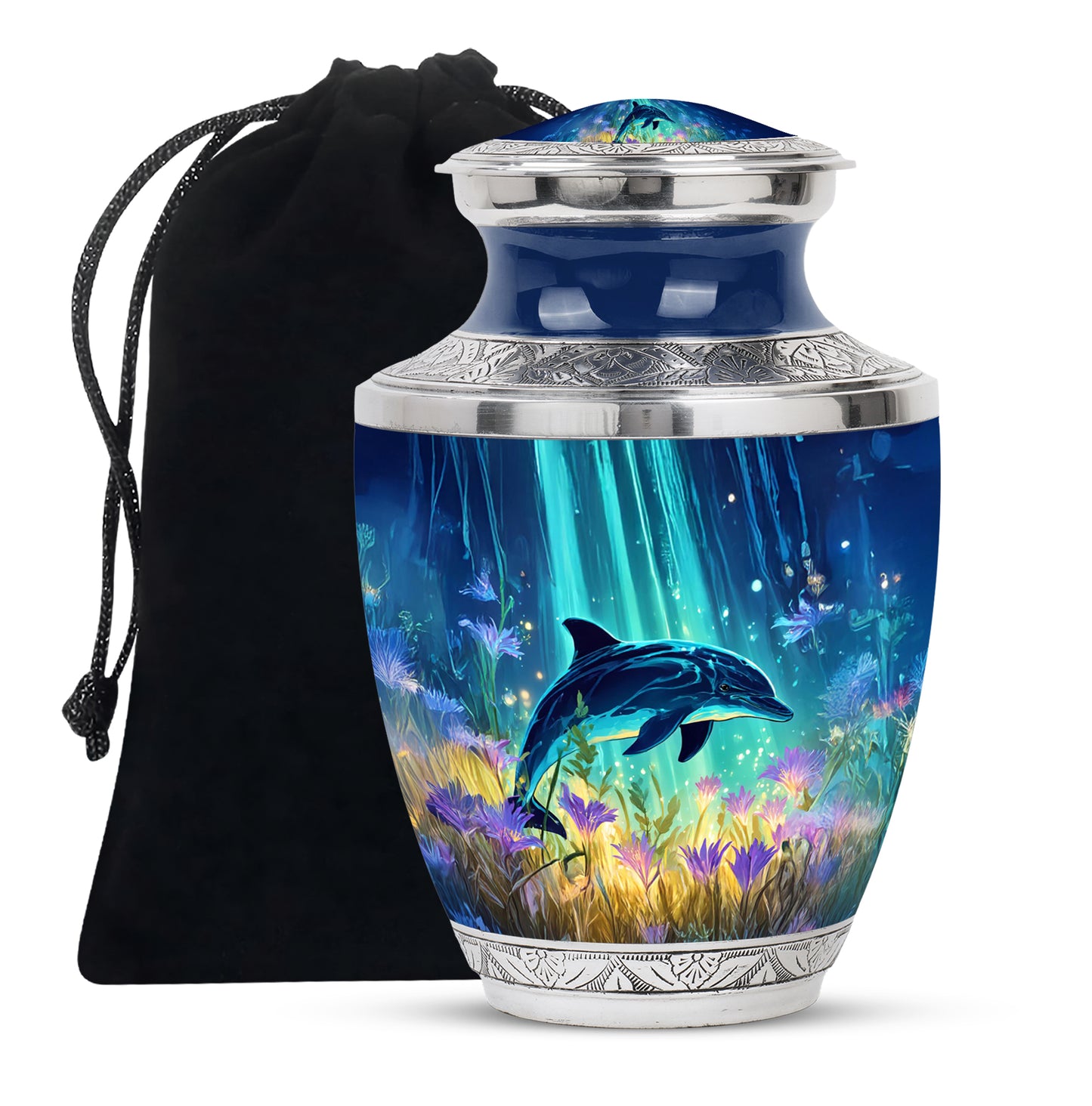 Royal Blue Dolphin Cremation Urn side profile showing urn shape - stylized abstract dolphin pattern with bold lines - full-size 10 inch 200 cubic inch adult cremation urn