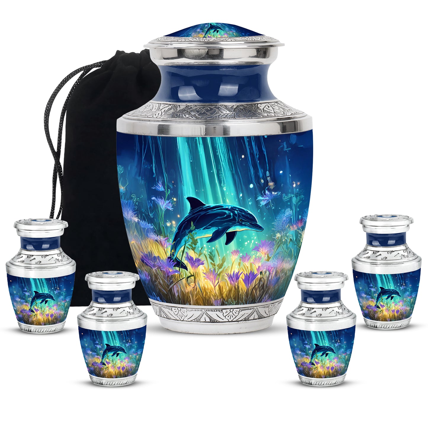 Navy Blue Dolphin Cremation Urn lifestyle display on memorial shelf - contemporary dolphin design with modern artistic flair - memorial set with one large and four small urns