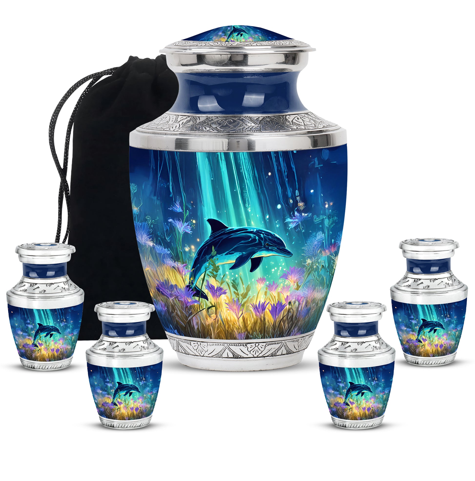 Navy Blue Dolphin Cremation Urn lifestyle display on memorial shelf - contemporary dolphin design with modern artistic flair - memorial set with one large and four small urns