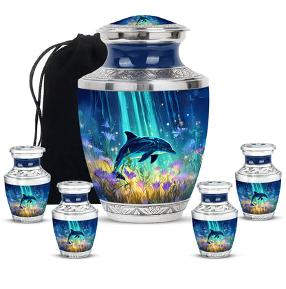 Navy Blue Dolphin Cremation Urn lifestyle display on memorial shelf - contemporary dolphin design with modern artistic flair - memorial set with one large and four small urns