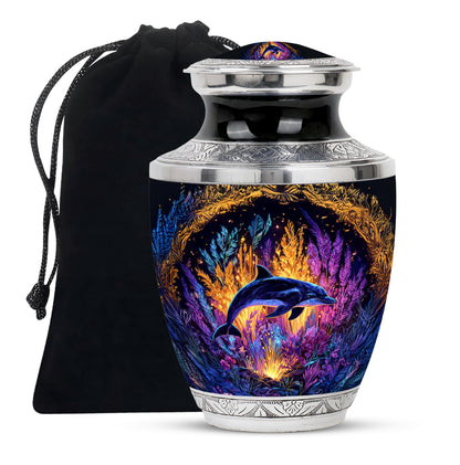 Amber Gold Dolphin Cremation Urn side profile showing urn shape - modern art-inspired dolphin motif on sleek aluminum - full-size 10 inch 200 cubic inch adult cremation urn