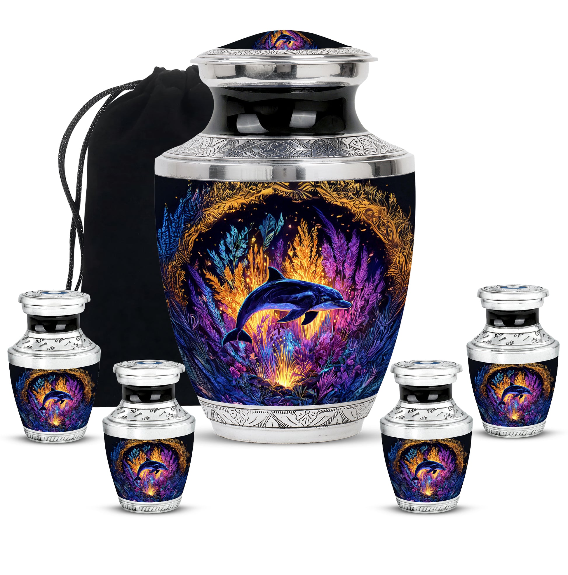 Royal Gold Dolphin Cremation Urn lifestyle display on memorial shelf - stylized abstract dolphin pattern with bold lines - memorial set with one large and four small urns