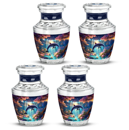 Grape Purple Dolphin Cremation Urn back view with polished surface - stylized abstract dolphin pattern with bold lines - 10 inch aluminum urn for cremated remains