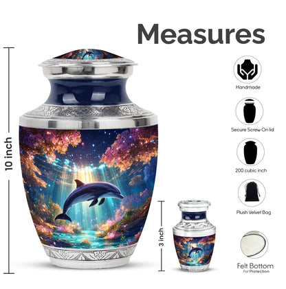 Majestic Purple Dolphin Cremation Urn top-down view of secure threaded lid - modern art-inspired dolphin motif on sleek aluminum - mini keepsake memorial for portion of cremation ashes
