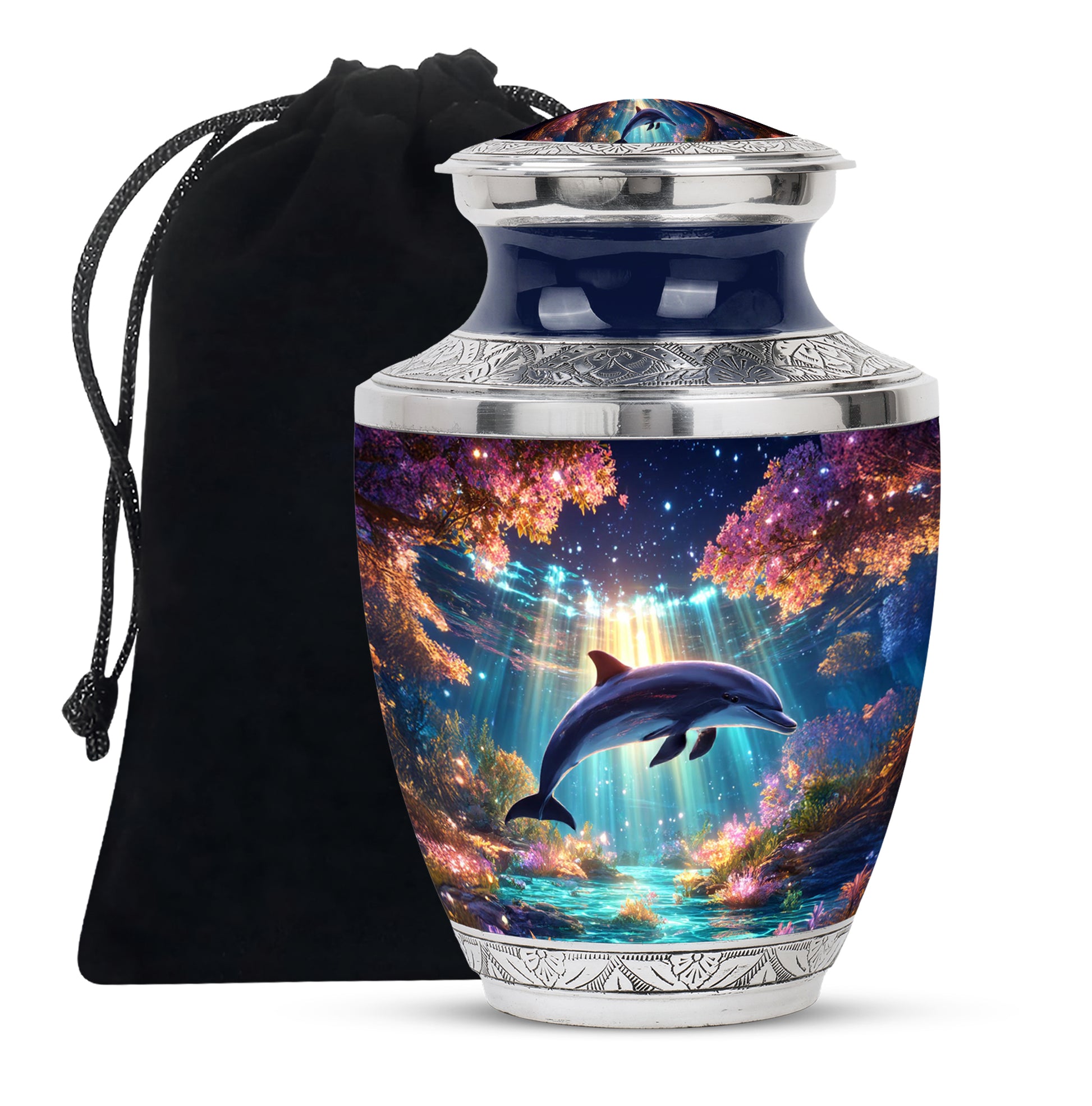 Violet Purple Dolphin Cremation Urn side profile showing urn shape - stylized abstract dolphin pattern with bold lines - full-size 10 inch 200 cubic inch adult cremation urn