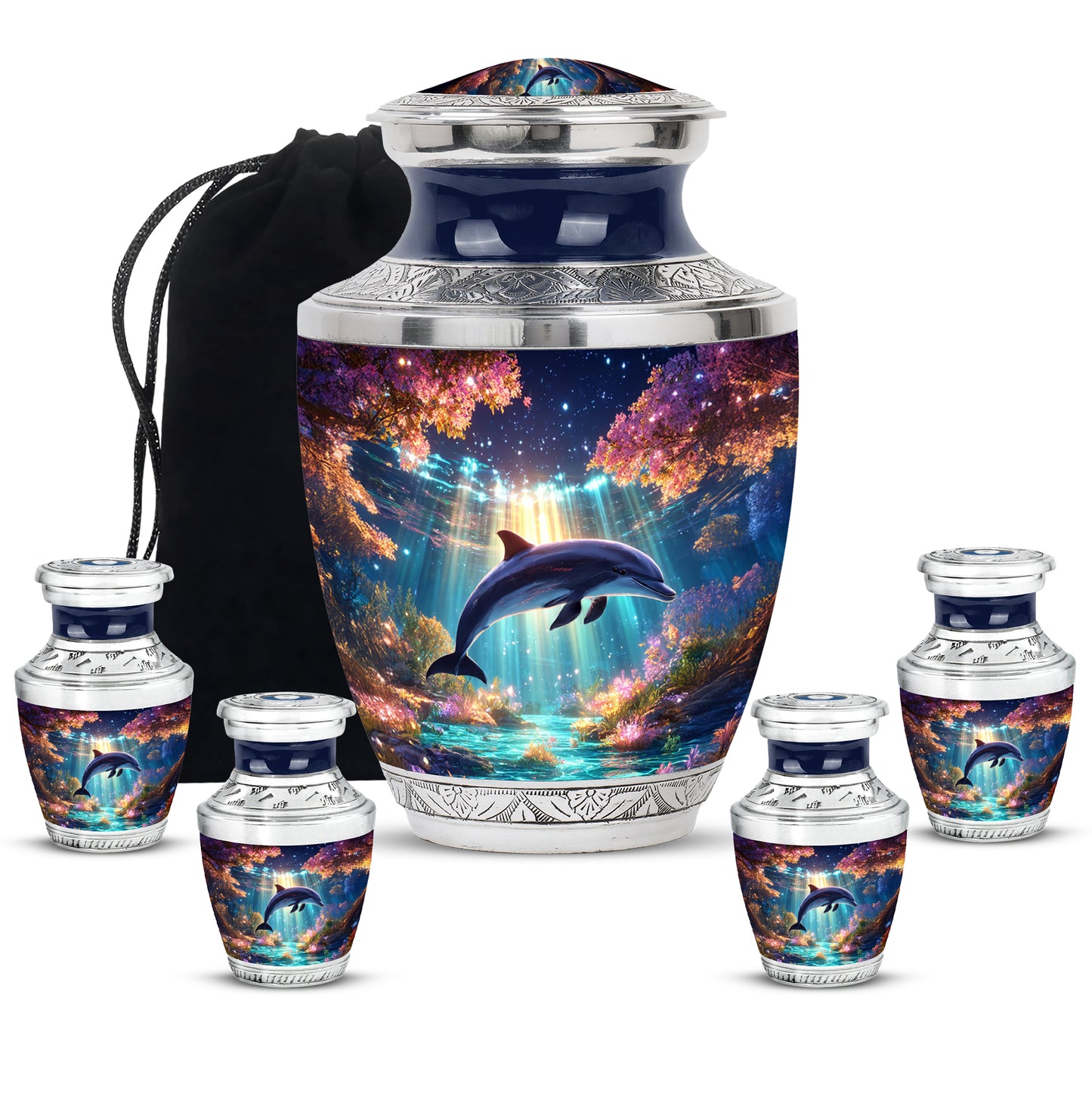 Twilight Purple Dolphin Cremation Urn lifestyle display on memorial shelf - stylized abstract dolphin pattern with bold lines - memorial set with one large and four small urns
