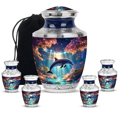 Twilight Purple Dolphin Cremation Urn lifestyle display on memorial shelf - stylized abstract dolphin pattern with bold lines - memorial set with one large and four small urns