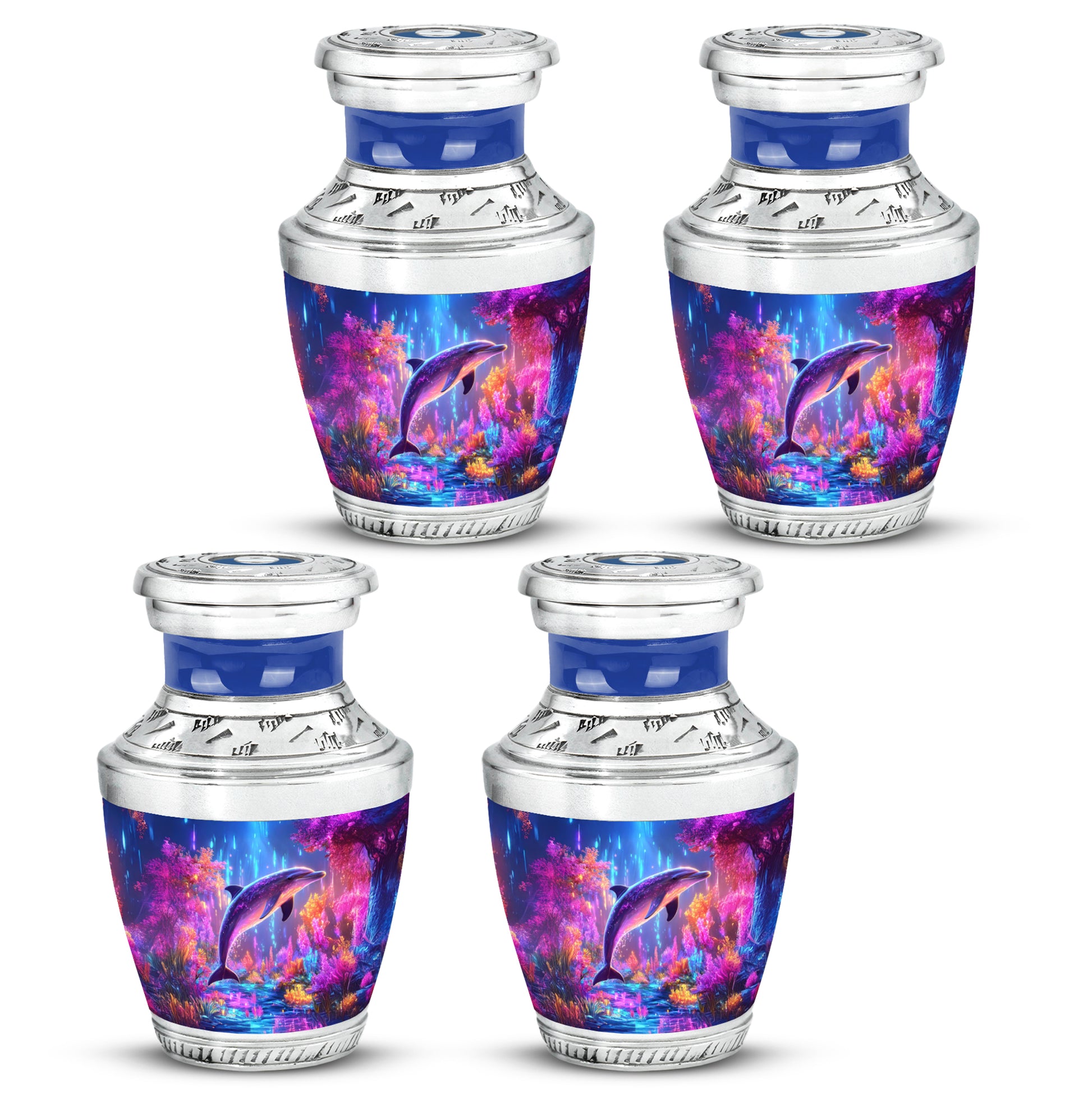 Cornflower Blue Dolphin Cremation Urn back view with polished surface - stylized abstract dolphin pattern with bold lines - 10 inch aluminum urn for cremated remains
