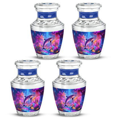 Cornflower Blue Dolphin Cremation Urn back view with polished surface - stylized abstract dolphin pattern with bold lines - 10 inch aluminum urn for cremated remains
