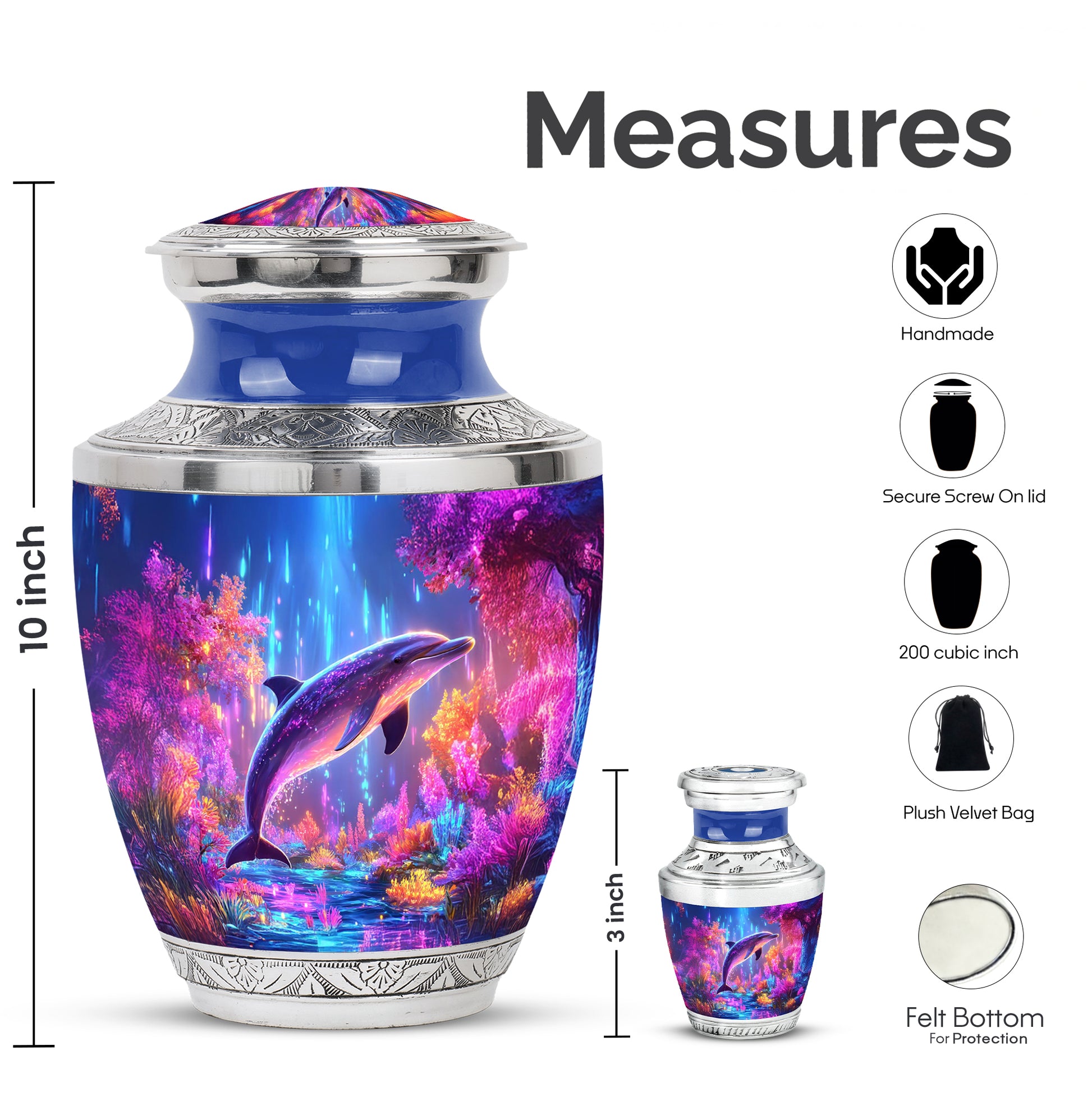 Slate Blue Dolphin Cremation Urn top-down view of secure threaded lid - modern art-inspired dolphin motif on sleek aluminum - mini keepsake memorial for portion of cremation ashes