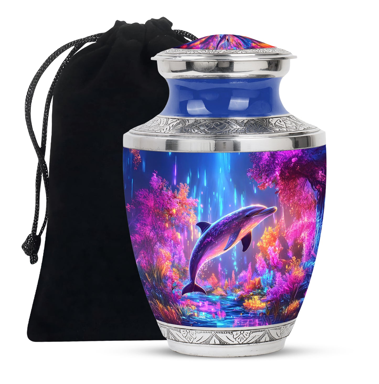 Dusty Blue Dolphin Cremation Urn side profile showing urn shape - modern art-inspired dolphin motif on sleek aluminum - full-size 10 inch 200 cubic inch adult cremation urn