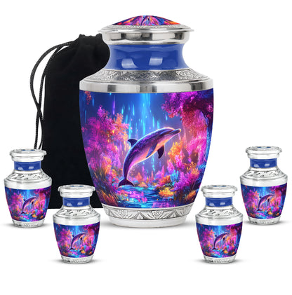 Powder Blue Dolphin Cremation Urn lifestyle display on memorial shelf - contemporary dolphin design with modern artistic flair - memorial set with one large and four small urns