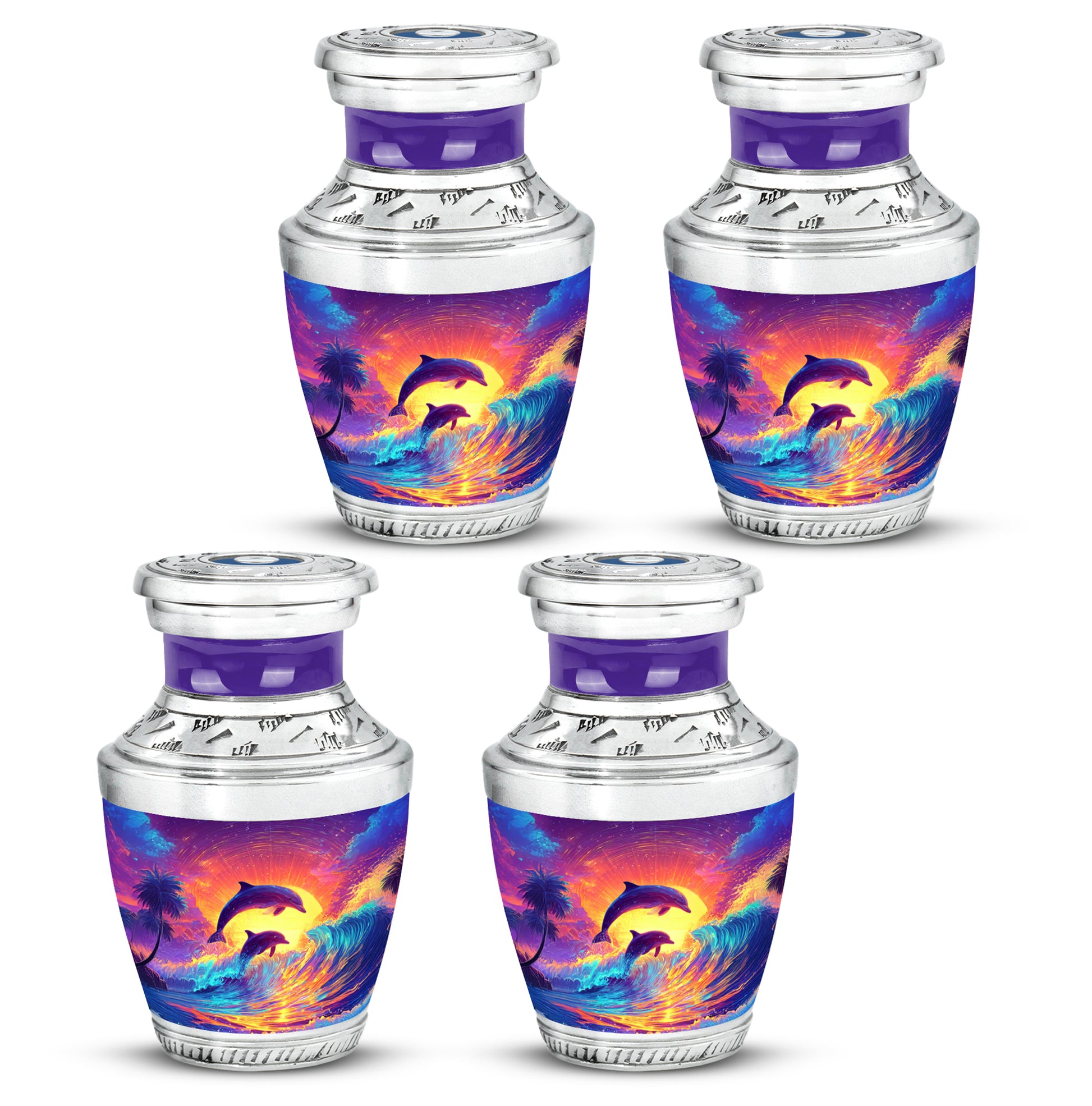 Royal Purple Dolphin Cremation Urn back view with polished surface - stylized abstract dolphin pattern with bold lines - 10 inch aluminum urn for cremated remains