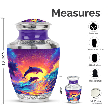 Violet Purple Dolphin Cremation Urn top-down view of secure threaded lid - artistic dolphin interpretation with creative detail - mini keepsake memorial for portion of cremation ashes