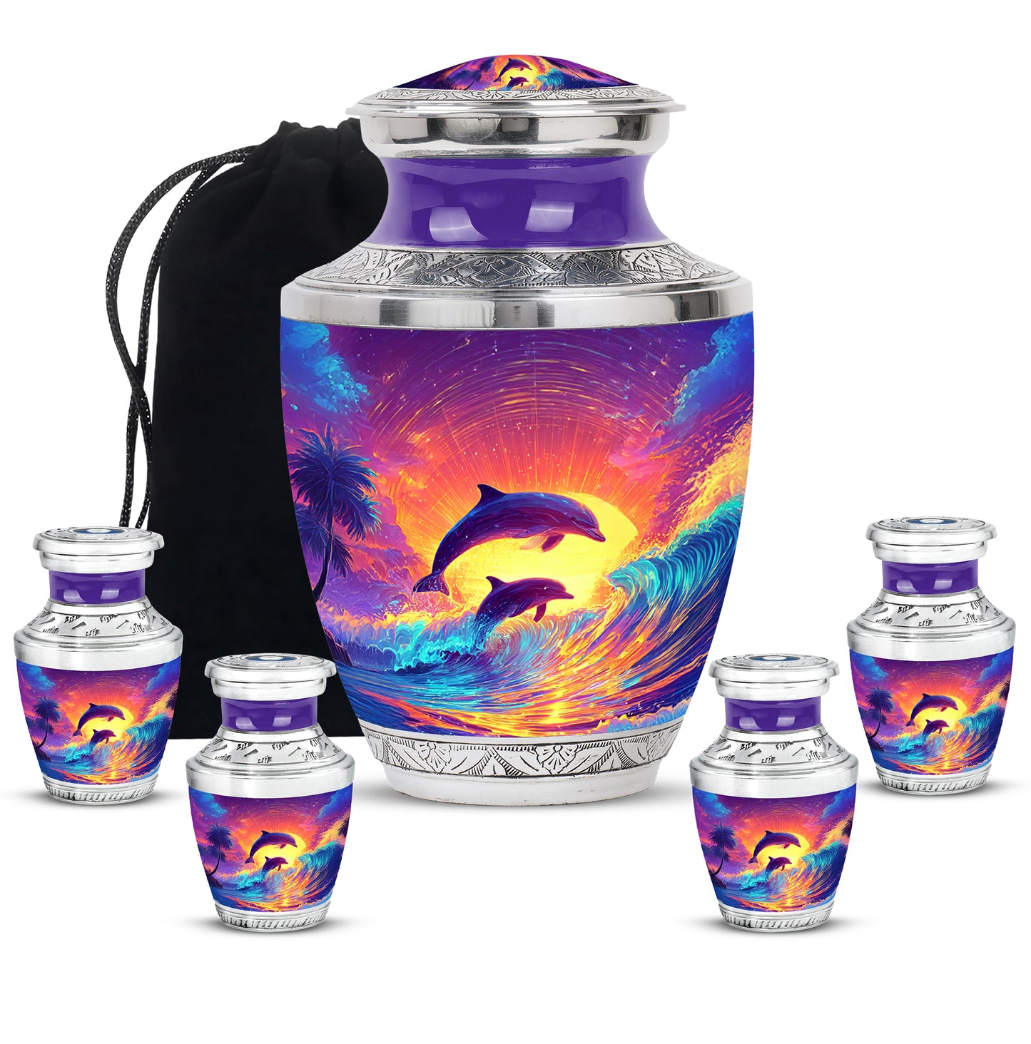 Majestic Purple Dolphin Cremation Urn lifestyle display on memorial shelf - modern art-inspired dolphin motif on sleek aluminum - memorial set with one large and four small urns