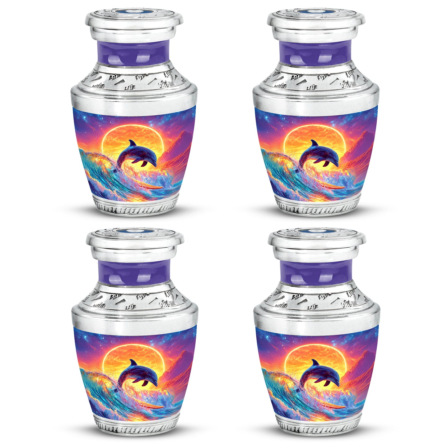 Royal Blue Dolphin Cremation Urn back view with polished surface - stylized abstract dolphin pattern with bold lines - 10 inch aluminum urn for cremated remains
