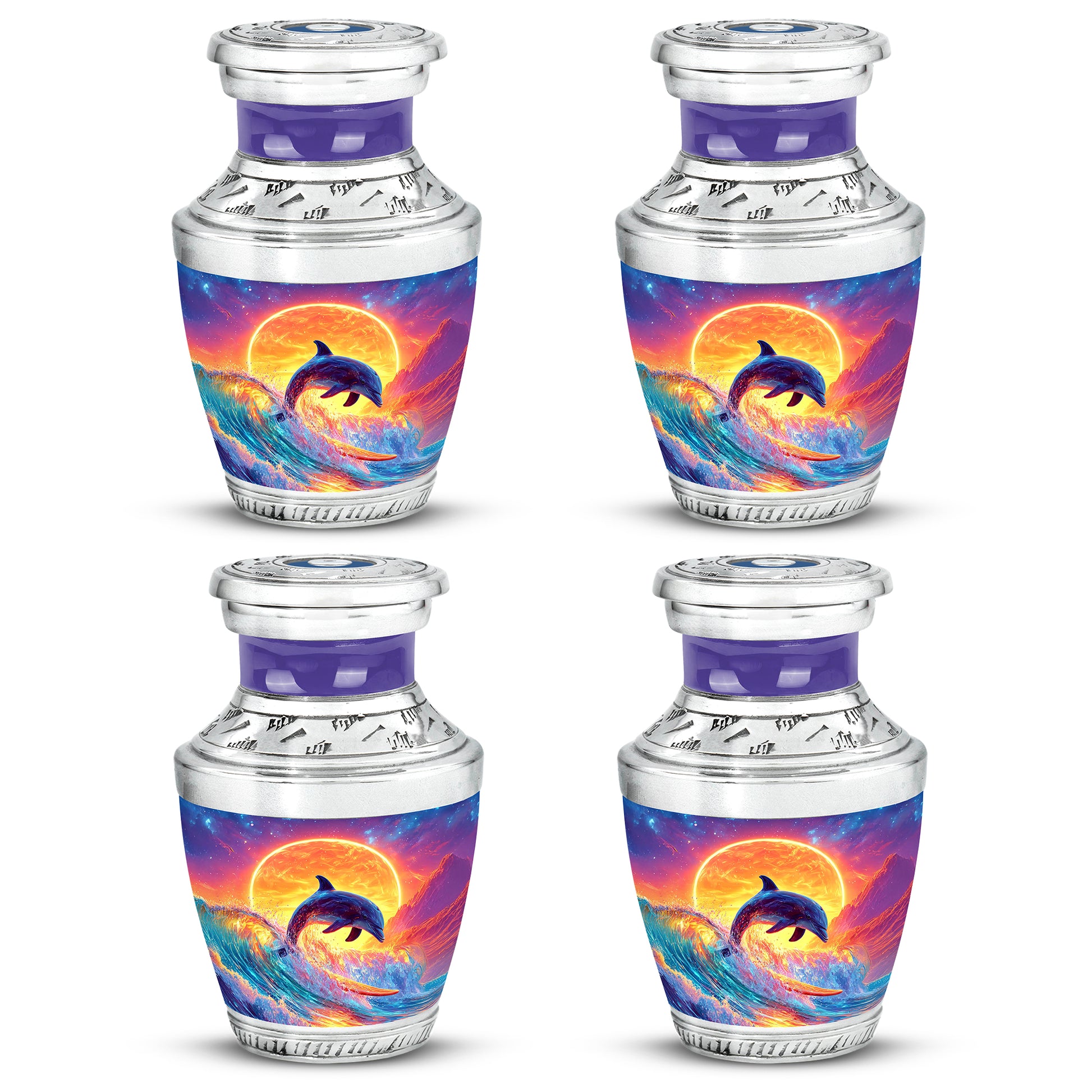 Royal Blue Dolphin Cremation Urn back view with polished surface - stylized abstract dolphin pattern with bold lines - 10 inch aluminum urn for cremated remains