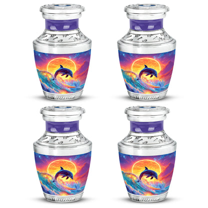 Royal Blue Dolphin Cremation Urn back view with polished surface - stylized abstract dolphin pattern with bold lines - 10 inch aluminum urn for cremated remains