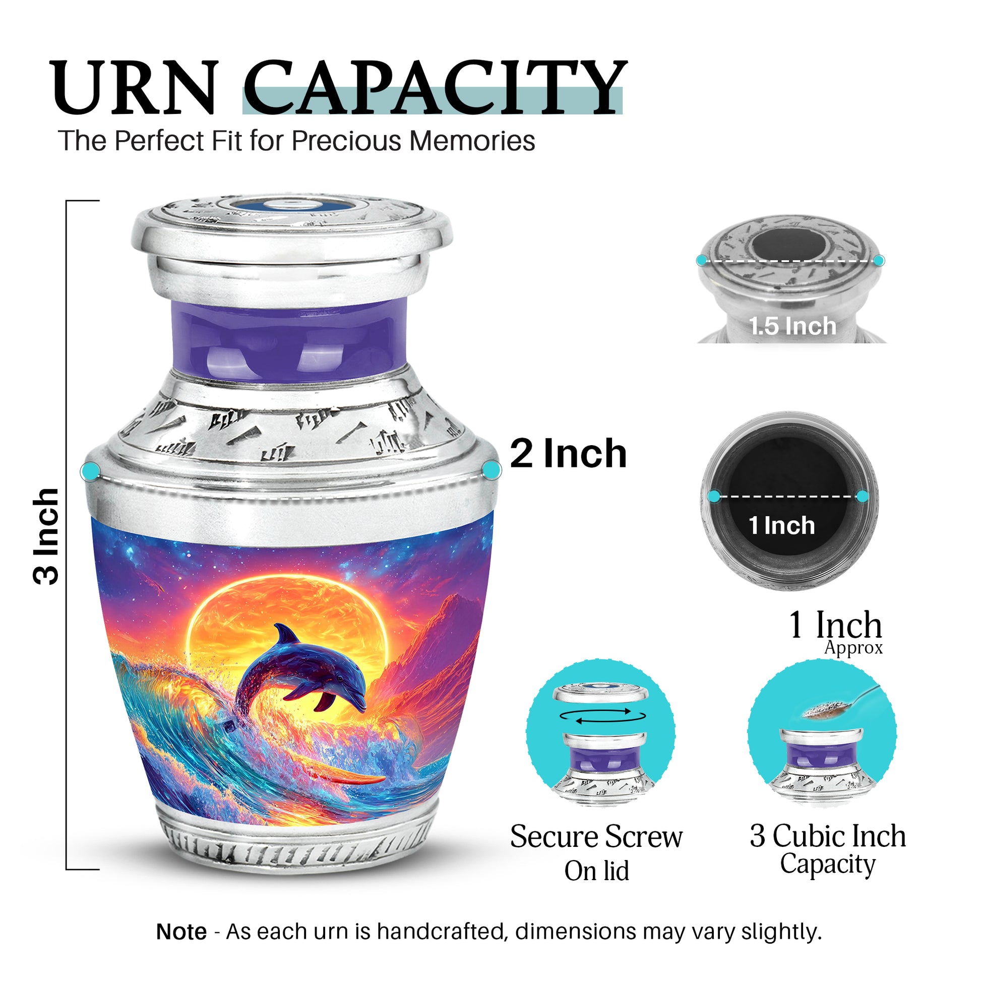 Sapphire Blue Dolphin Cremation Urn top-down view of secure threaded lid - stylized abstract dolphin pattern with bold lines - mini keepsake memorial for portion of cremation ashes