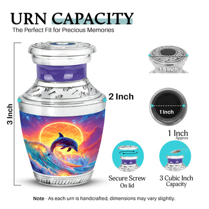 Sapphire Blue Dolphin Cremation Urn top-down view of secure threaded lid - stylized abstract dolphin pattern with bold lines - mini keepsake memorial for portion of cremation ashes