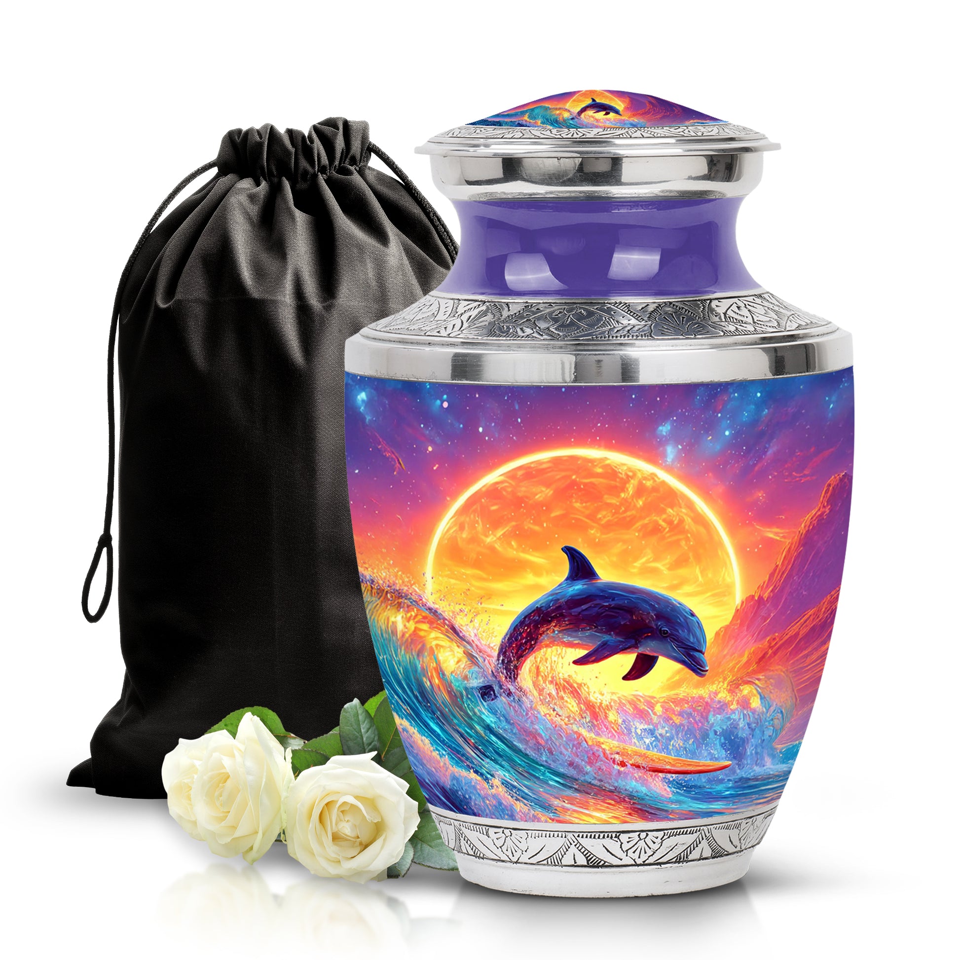 Dusty Blue Dolphin Cremation Urn side profile showing urn shape - modern art-inspired dolphin motif on sleek aluminum - full-size 10 inch 200 cubic inch adult cremation urn
