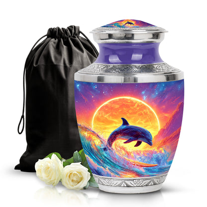 Dusty Blue Dolphin Cremation Urn side profile showing urn shape - modern art-inspired dolphin motif on sleek aluminum - full-size 10 inch 200 cubic inch adult cremation urn