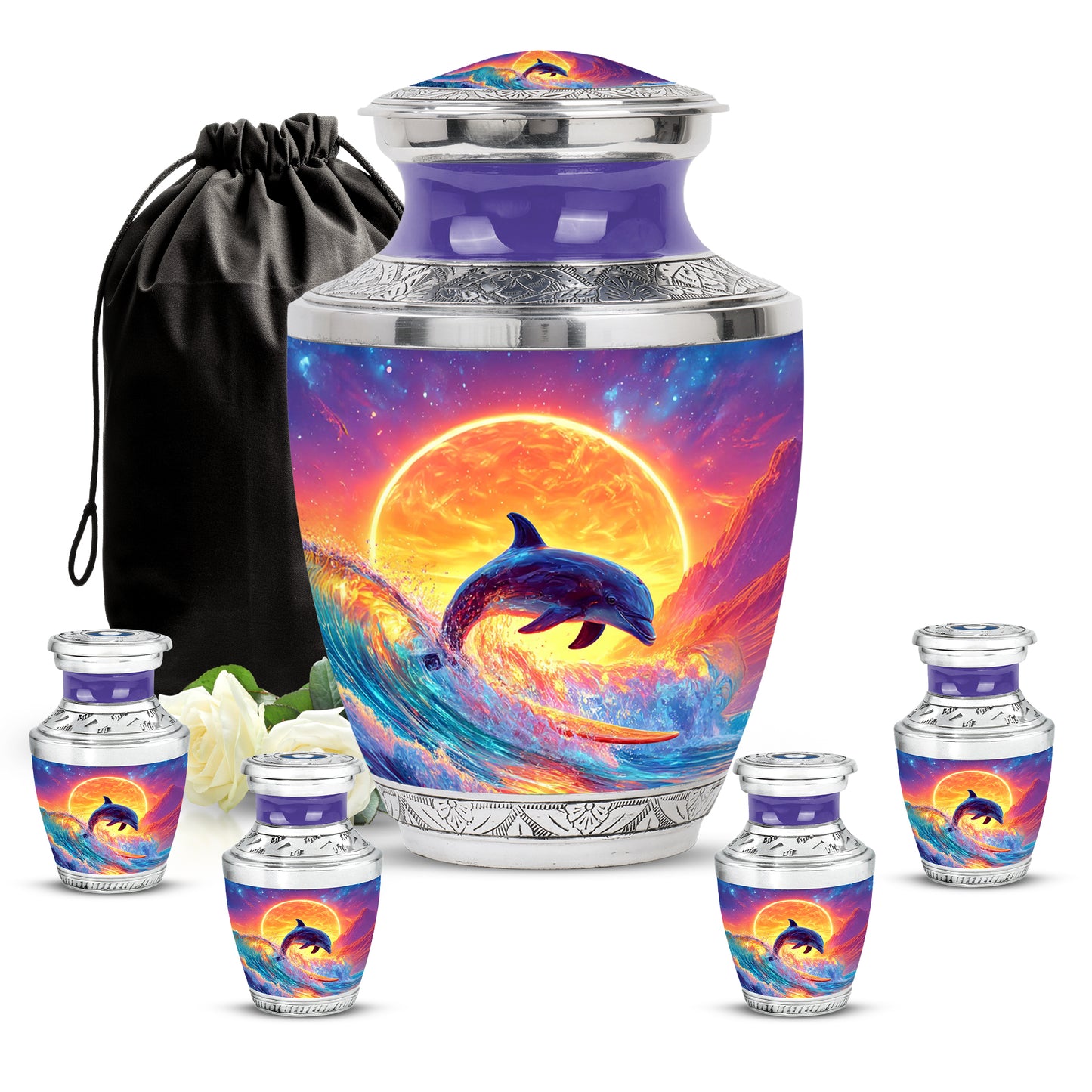 Calming Blue Dolphin Cremation Urn lifestyle display on memorial shelf - artistic dolphin interpretation with creative detail - memorial set with one large and four small urns