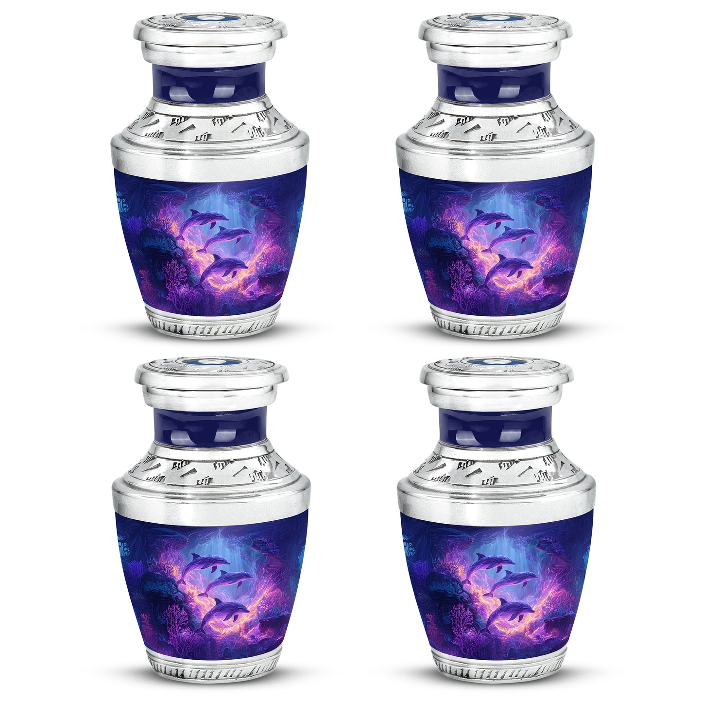 Soft Blue Dolphin Cremation Urn back view with polished surface - stylized abstract dolphin pattern with bold lines - 10 inch aluminum urn for cremated remains