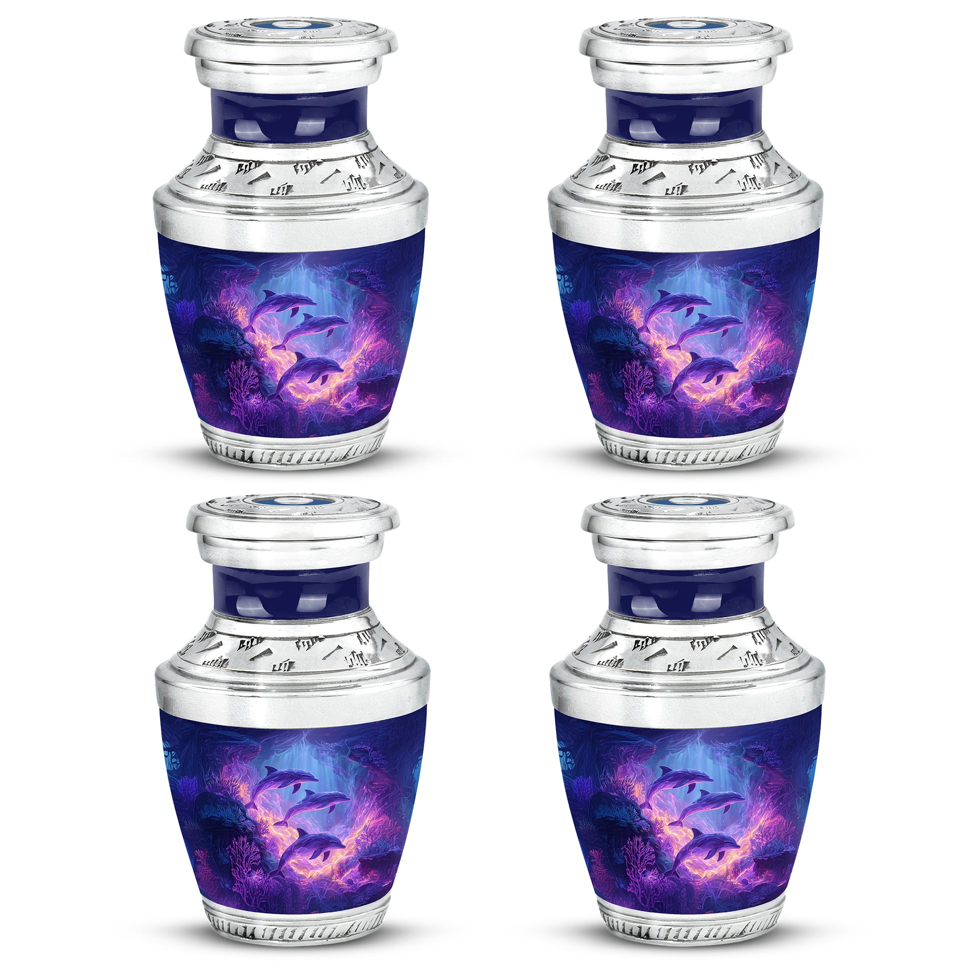 Soft Blue Dolphin Cremation Urn back view with polished surface - stylized abstract dolphin pattern with bold lines - 10 inch aluminum urn for cremated remains