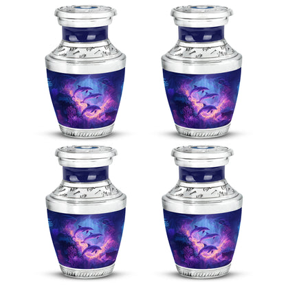 Soft Blue Dolphin Cremation Urn back view with polished surface - stylized abstract dolphin pattern with bold lines - 10 inch aluminum urn for cremated remains