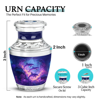 Icy Blue Dolphin Cremation Urn top-down view of secure threaded lid - modern art-inspired dolphin motif on sleek aluminum - mini keepsake memorial for portion of cremation ashes