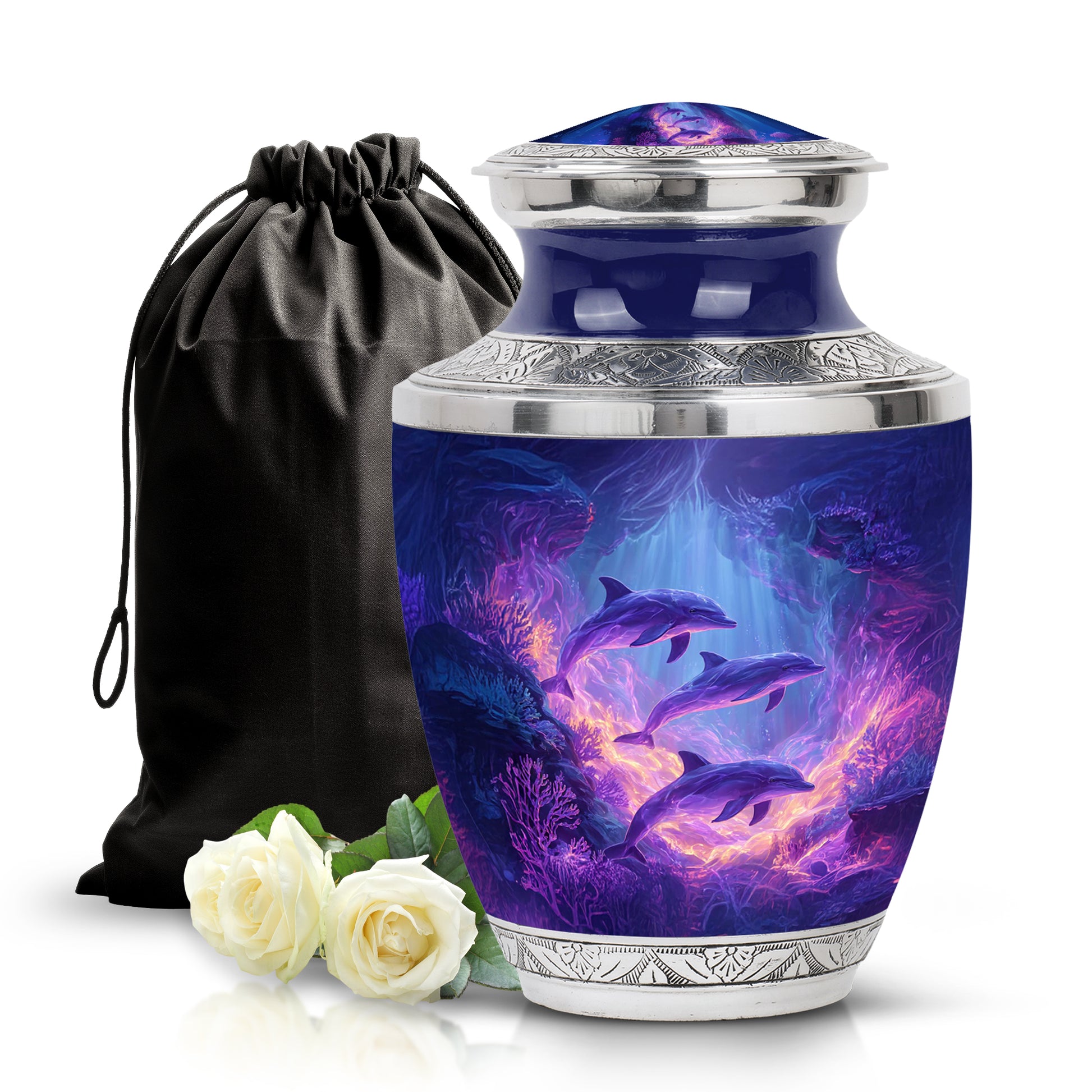 Royal Blue Dolphin Cremation Urn side profile showing urn shape - artistic dolphin interpretation with creative detail - full-size 10 inch 200 cubic inch adult cremation urn
