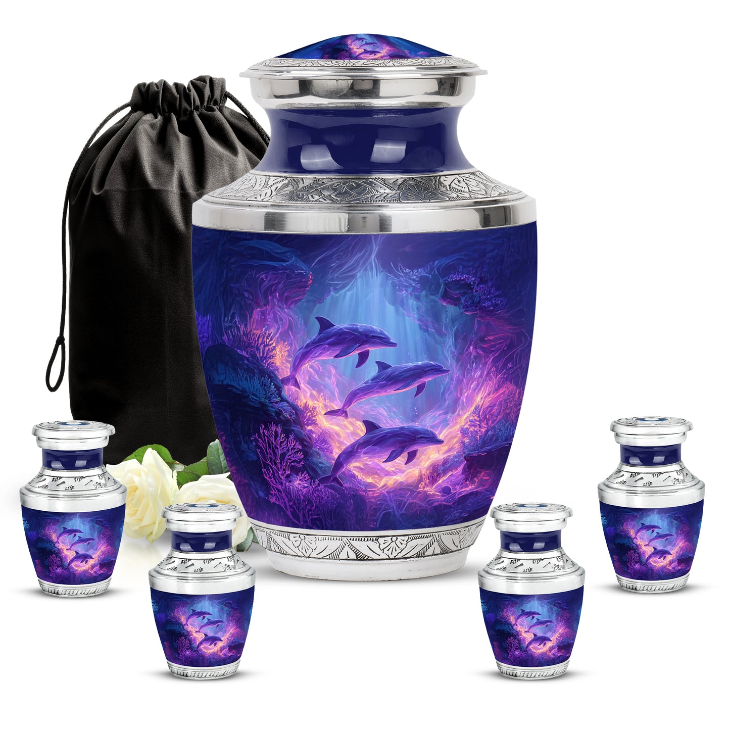 Indigo Dolphin Cremation Urn lifestyle display on memorial shelf - contemporary dolphin design with modern artistic flair - memorial set with one large and four small urns